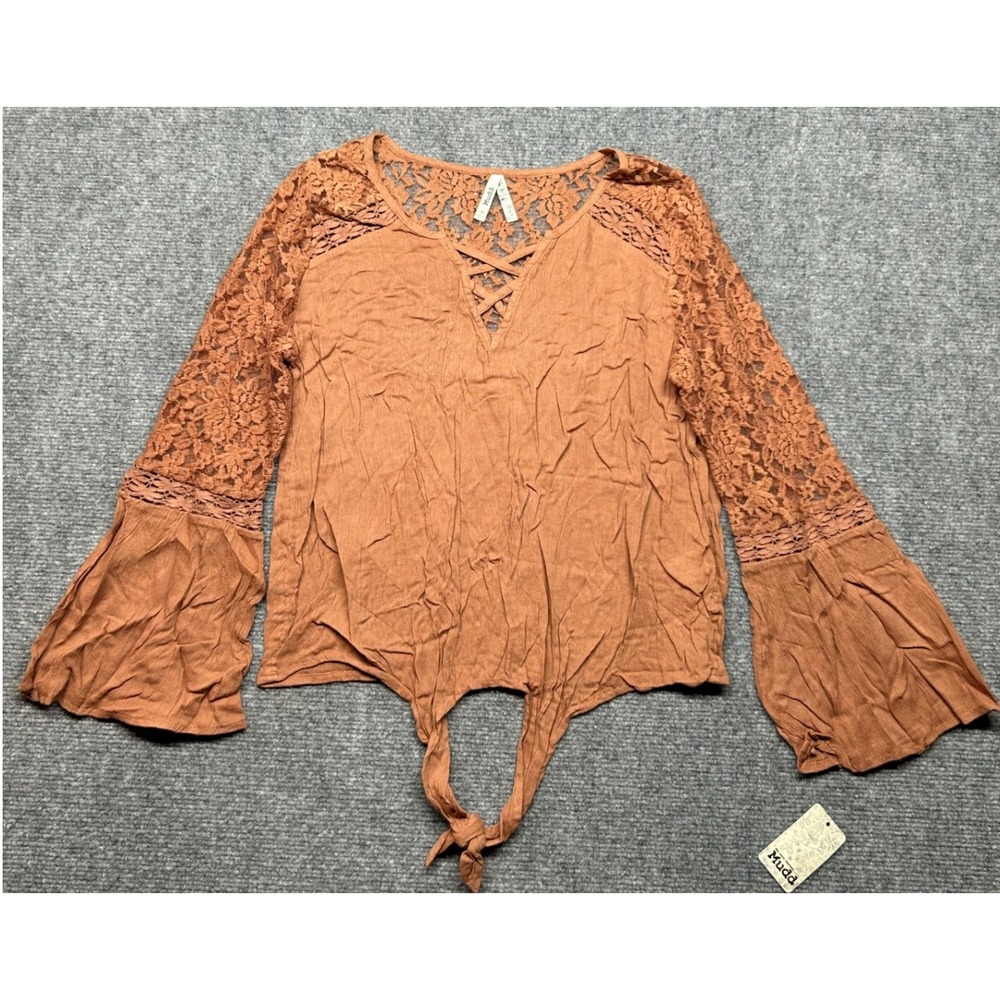 Mudd Womens Top Womens Medium Brown Lace Long Sleeve Tie Front Blouse New